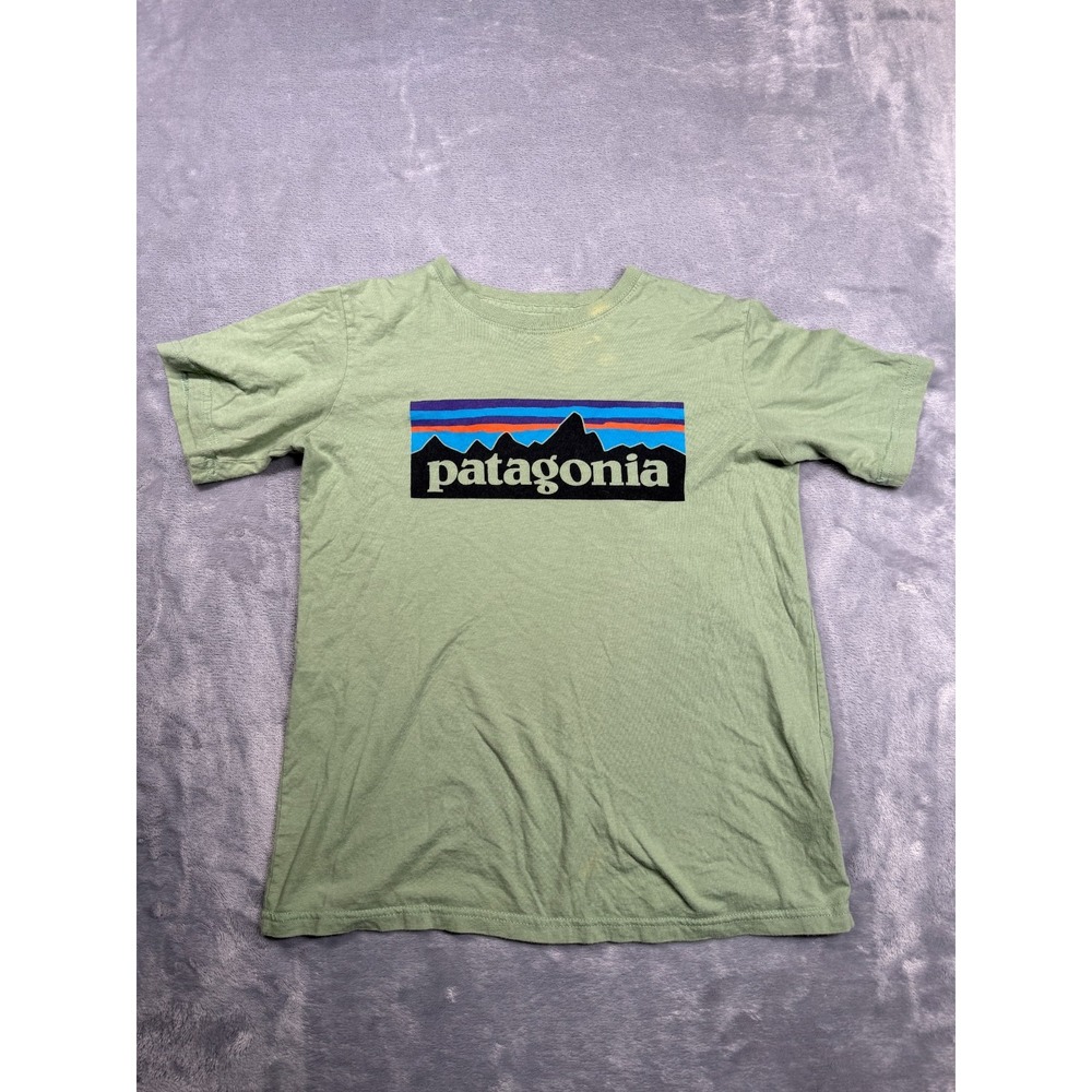 Patagonia Regenerative T-Shirt Kids Medium (10) Salvia Green Graphic Print Logo